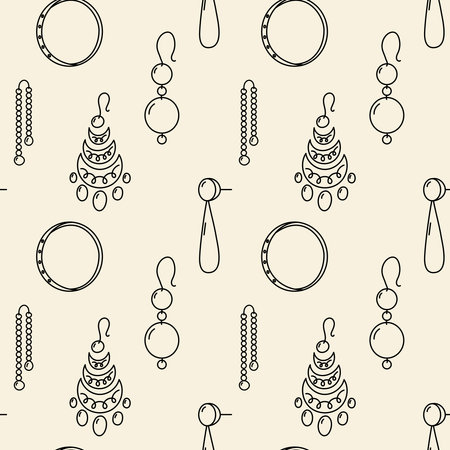 Earrings seamless pattern with hand made jewelry outline doodle drawings on beige background.のイラスト素材
