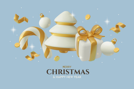 Christmas greeting cart background design with 3D realistic white and golden holiday decorationsのイラスト素材