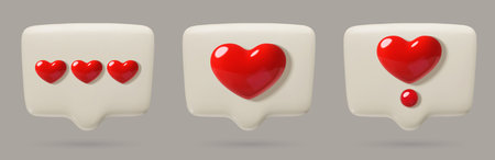 Speech Bubble with hearts 3d icons set. Social media love message notification for Valentines day