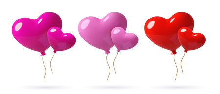 3D realistic heart balloons romantic vector design elements for February 14 and Valentines Dayのイラスト素材