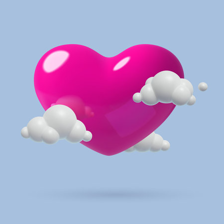 Big heart flying in the clouds on the blue sky. Romantic 3D vector illustration for February 14.のイラスト素材