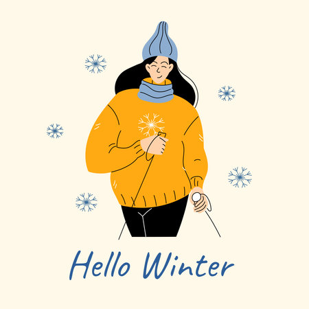 Woman with poles skiing or walking in winter Happy female sport character in sweater and knitted hatのイラスト素材