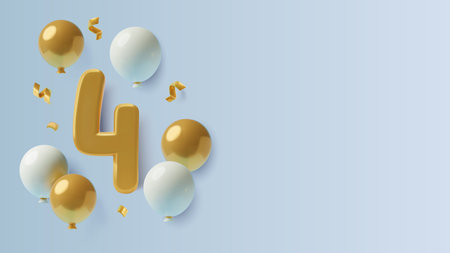 4 years birthday or anniversary 3D realistic background with number four balloons and copy space