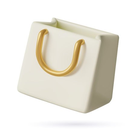 3D render of shopping bag icon Glossy plastic minimal toy white shopper with luxury golden handlesのイラスト素材