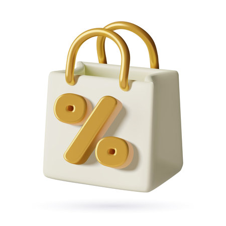 3D shopping bag with percent sale icon. Realistic white and gold shopper render. Vector illustrationのイラスト素材