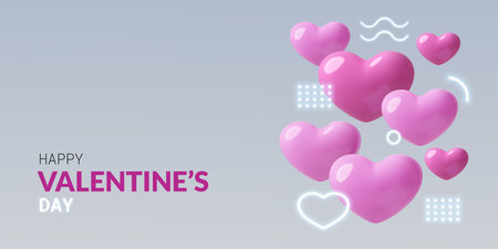 Happy Valentines Day abstract banner with 3D pink hearts and neon glow geometric shapesのイラスト素材