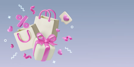 Valentines Day gift shopping holiday sale and special offer 3D pink white banner with copy spaceのイラスト素材