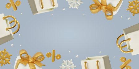 Winter sale background with 3D realistic shopping bags snowflakes presents percentage and copy spaceのイラスト素材