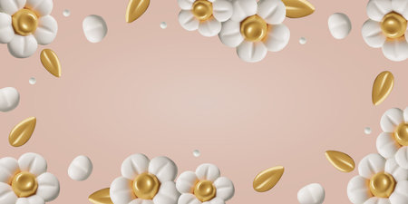 3D white flowers and gold leaves on peach color background Spring floral banner with copy spaceのイラスト素材