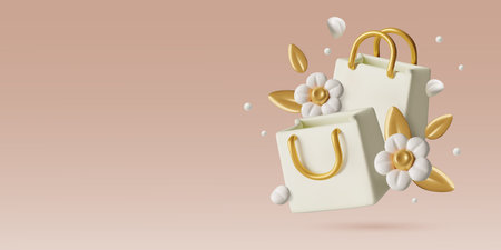3D spring sale banner with Shopping bags white flower and gold leaves on peach fuzz shade backgroundのイラスト素材