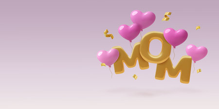 Gold mom word 3D realistic Mothers Day background with pink heart balloons and copy spaceのイラスト素材