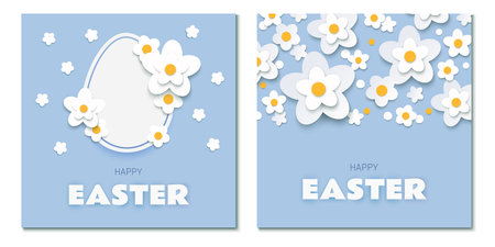 Happy Easter greeting cards with paper cut egg and white flowers on blue backgroundのイラスト素材