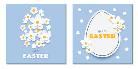 Easter paper cut greeting cards set with Easter eggs and white flowers on blue backgroundのイラスト素材