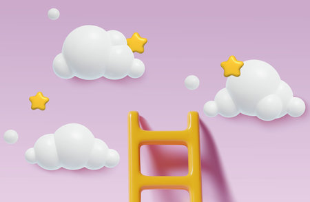 3D realistic ladder on pink sky with clouds and stars cute three dimensional baby girl backgroundのイラスト素材