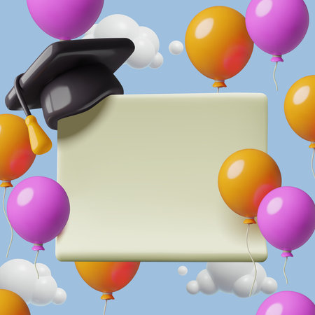 Graduation party square background template 3d render with balloons student hat and copy spaceのイラスト素材