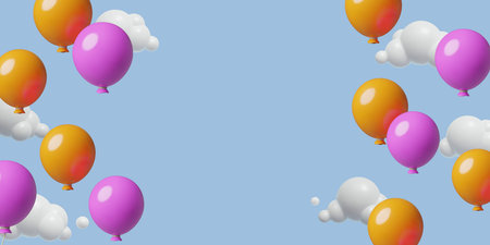 Childrens day 3d background with colorful balloons flying in the sky with clouds and copy spaceのイラスト素材