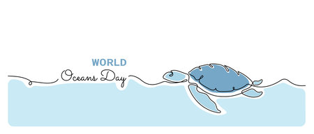 World Oceans Day minimal banner with sea turtle swimming in water one line abstract drawingのイラスト素材