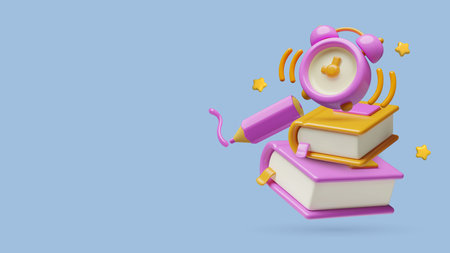 Education and school background with 3D vector books, ringing alarm clock, pencil and stars