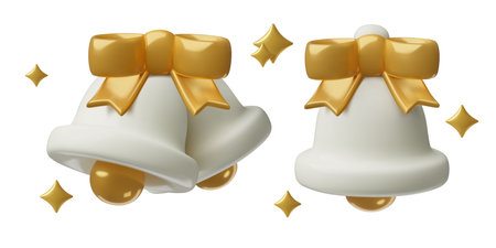 White jingle bells with a gold bows and sparkles 3d vector Christmas elements setのイラスト素材
