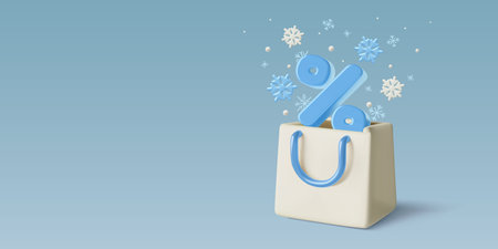 Winter sale blue background with 3d realistic shopping bag big percentage sign and snowflakesのイラスト素材