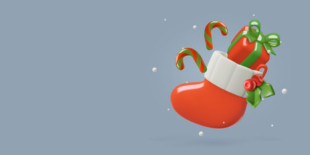 3d Christmas stocking with gifts box candy canes and holly berry red Santa sock backgroundのイラスト素材