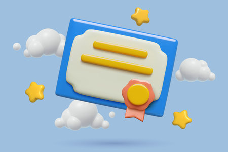 Certificate, diploma or license 3d icon with a badge stars and cloudsのイラスト素材