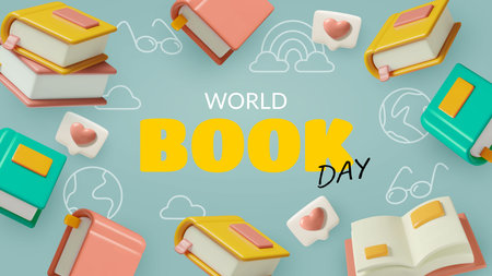 World book day and reading concept banner with 3d flying books on green backgroundのイラスト素材