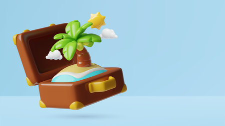 Summer vacation and travel concept 3d illustration with palm tree and sea beach inside of suitcaseのイラスト素材