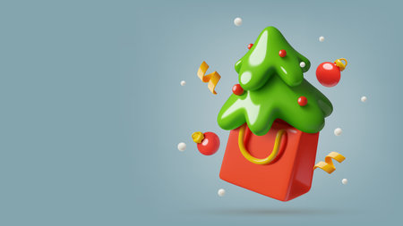 Winter holiday shopping background with a 3d Christmas tree in a red gift bagのイラスト素材