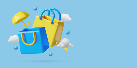 Monsoon sale 3D shopping bags icon with umbrella clouds and rain dropsのイラスト素材