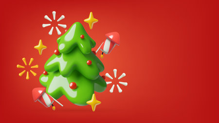 Cute plastic 3d Christmas tree with fireworks on red New Year holiday backgroundのイラスト素材
