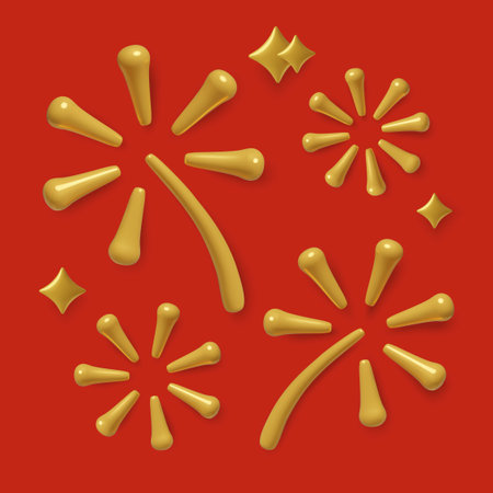Golden fireworks exploding 3D clip art element set on red backgroundのイラスト素材