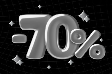 Chrome 70 and percent off sale 3d balloon numbers with sparkles on dark backgroundのイラスト素材