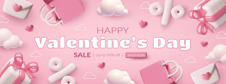 Valentines Day sale banner with 3d hearts clouds gift bags and boxes on romantic pink backgroundのイラスト素材