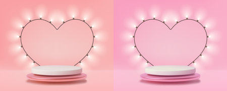 Love podium 3D realistic background with heart shape arch made of light bulbs garlandのイラスト素材