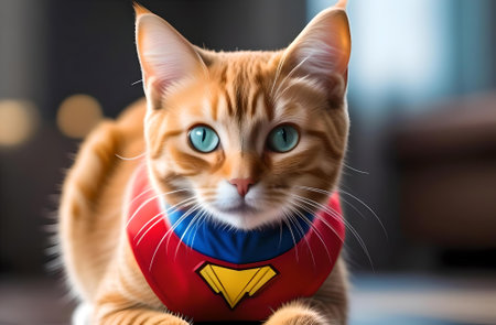 Cute red cat wearing a superhero costume with a big blue eye.の素材