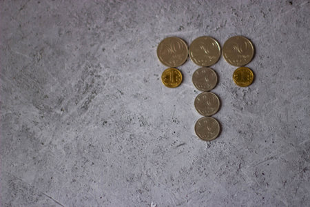 Euro coins on a gray concrete background. The concept of saving money.の写真素材