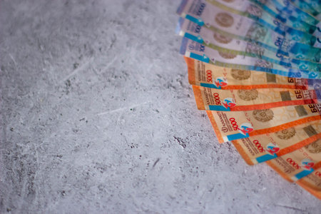 Ukrainian money on a gray background. Selective focus.の写真素材