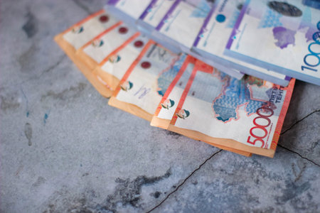 Thai banknote on cement floor, Thai money background, Thailand.
