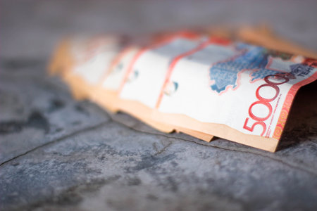 Banknotes of the Russian Federation on a stone background. Selective focus.の写真素材