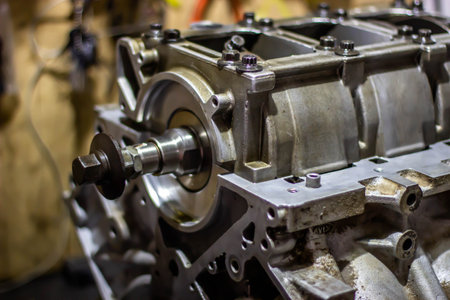 The internal combustion engine of an old car. Repair of the engine.の写真素材