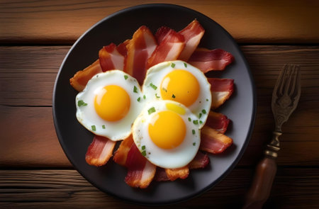 Fried eggs with bacon on a black plate on a wooden backgroundの素材
