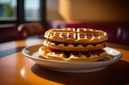 Belgian waffles on a white plate on a wooden table.の素材