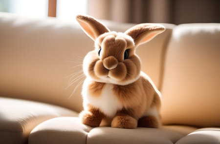 Cute little rabbit on sofa at home, closeup. Easter celebrationの素材