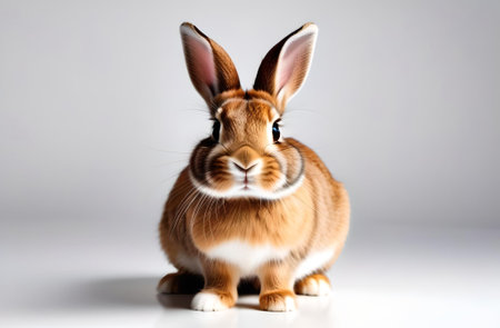 Cute brown rabbit sitting on white background, easter bunny.の素材