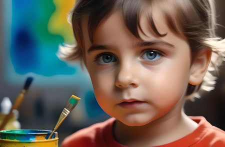Little boy painting a picture with watercolors and paintbrush.の素材