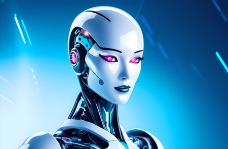 3d rendering humanoid robot or cyborg in blue background with lightsの素材