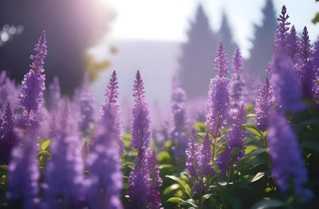 Purple flowers in the morning sunlight. Selective focus. Nature.の素材