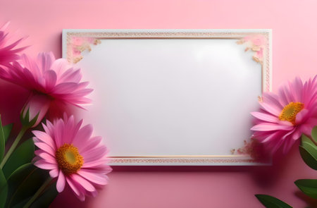 Blank photo frame with pink gerbera flowers on pink backgroundの素材