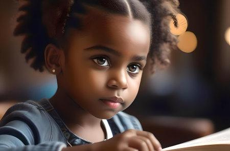 Portrait of a cute African American little girl reading a bookの素材